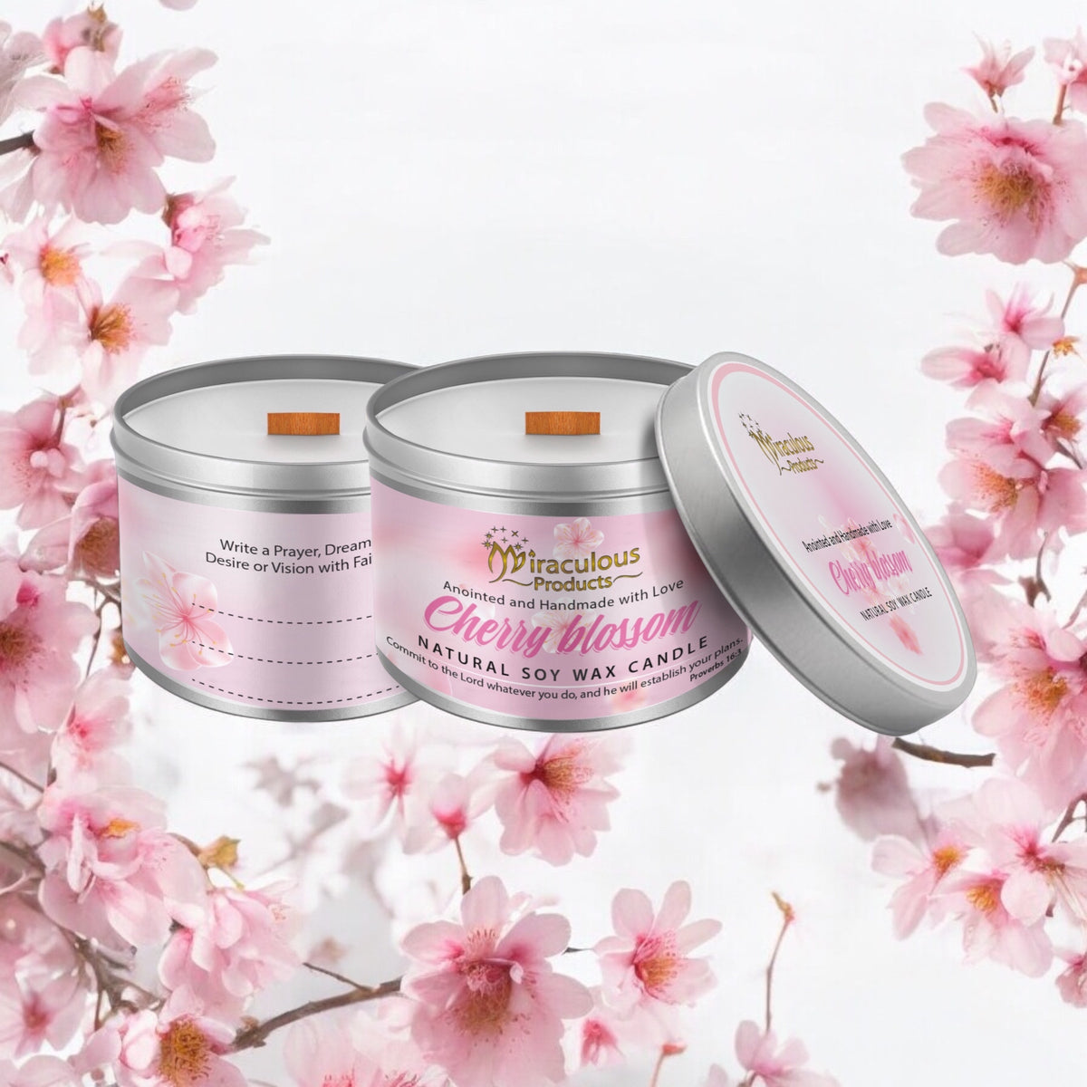 Cherry Blossom Soy Candle with Wood Wick – Handmade