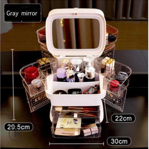 LED Makeup Mirror With Light Cosmetic Storage Box Lipstick Finishing Box Drawer Type Vanity Mirror Skin Care Product Storage Box
