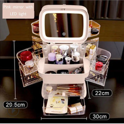 LED Makeup Mirror With Light Cosmetic Storage Box Lipstick Finishing Box Drawer Type Vanity Mirror Skin Care Product Storage Box