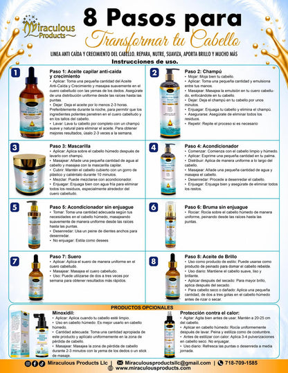 Spanish eight-step guide to the Miraculous hair care routine, with optional root booster and heat protection