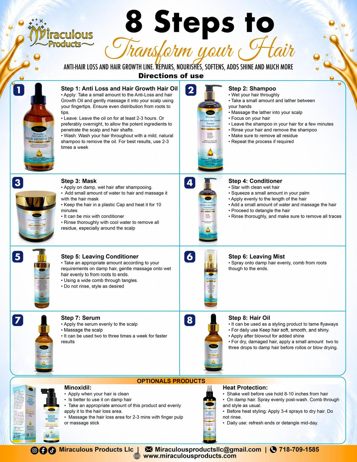 English eight-step guide to the Miraculous hair care routine, with optional root booster and heat protection